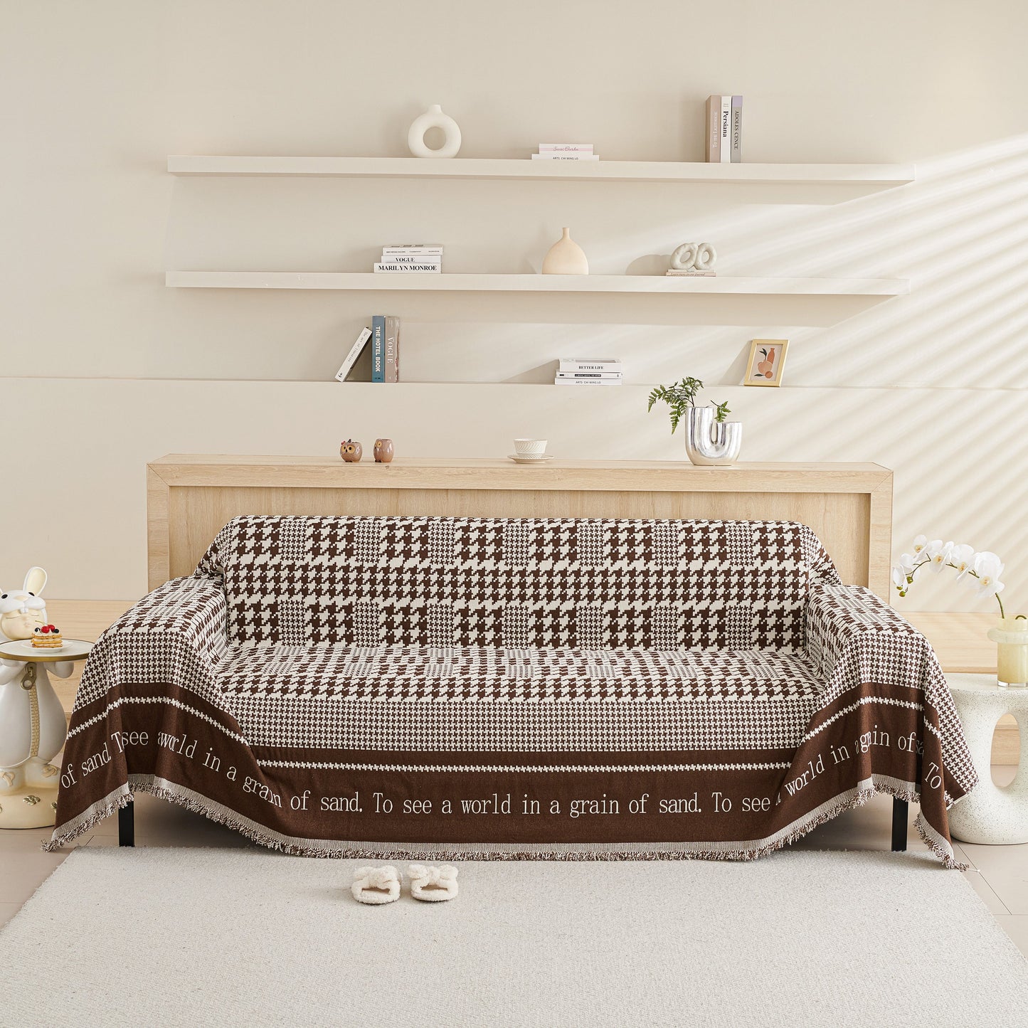 Chenille Houndstooth Couch Cover, Chaise Lounge Blanket Cover, Sectional Couch Scratch Protector
