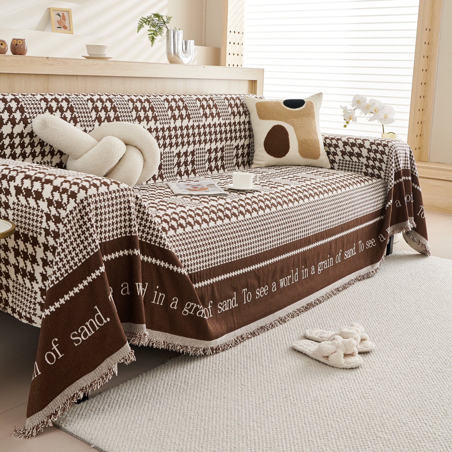 Chenille Houndstooth Couch Cover, Chaise Lounge Blanket Cover, Sectional Couch Scratch Protector