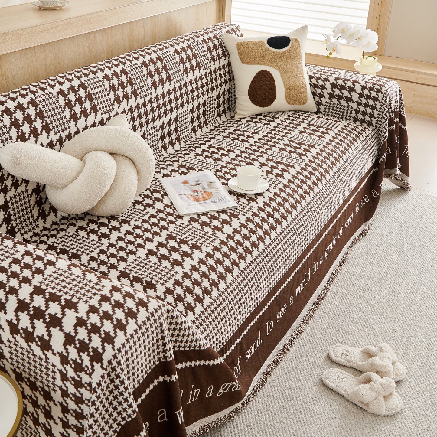 Chenille Houndstooth Couch Cover, Chaise Lounge Blanket Cover, Sectional Couch Scratch Protector