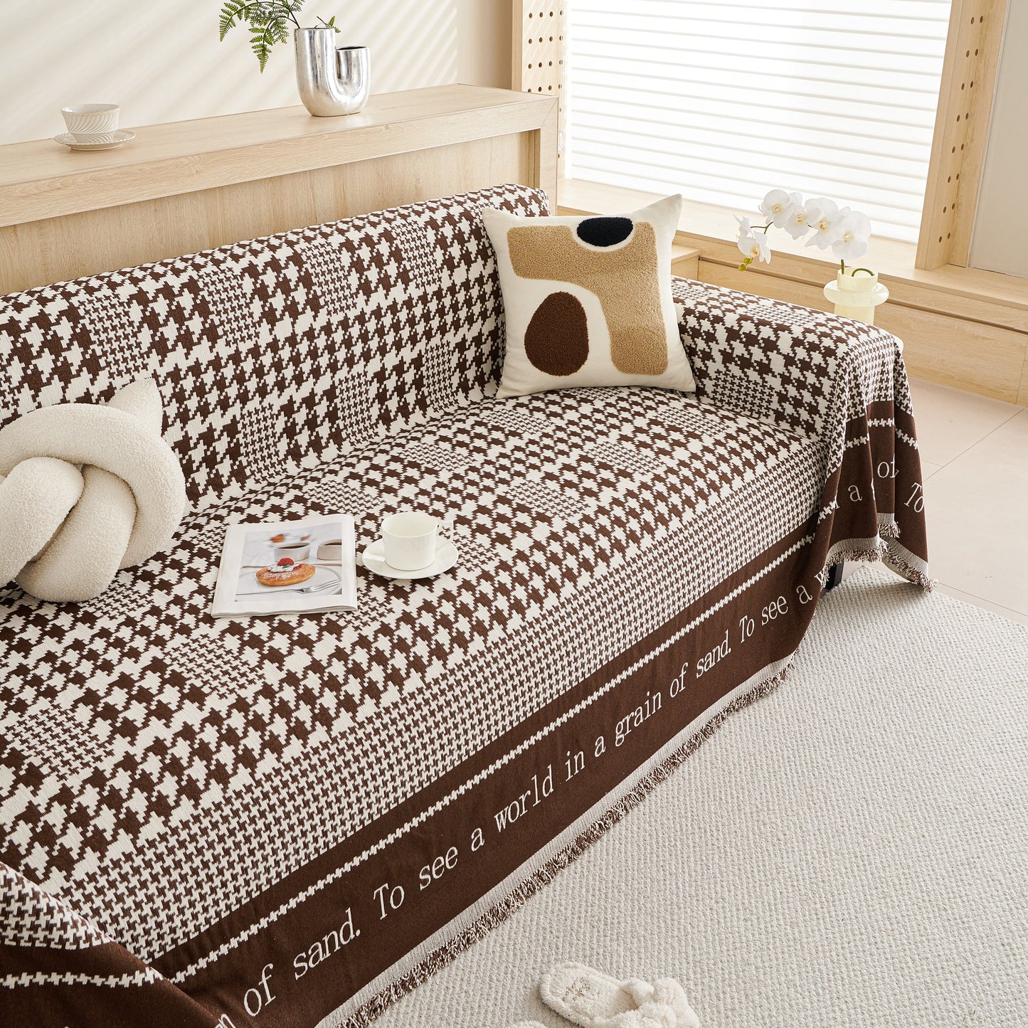 Chenille Houndstooth Couch Cover, Chaise Lounge Blanket Cover, Sectional Couch Scratch Protector