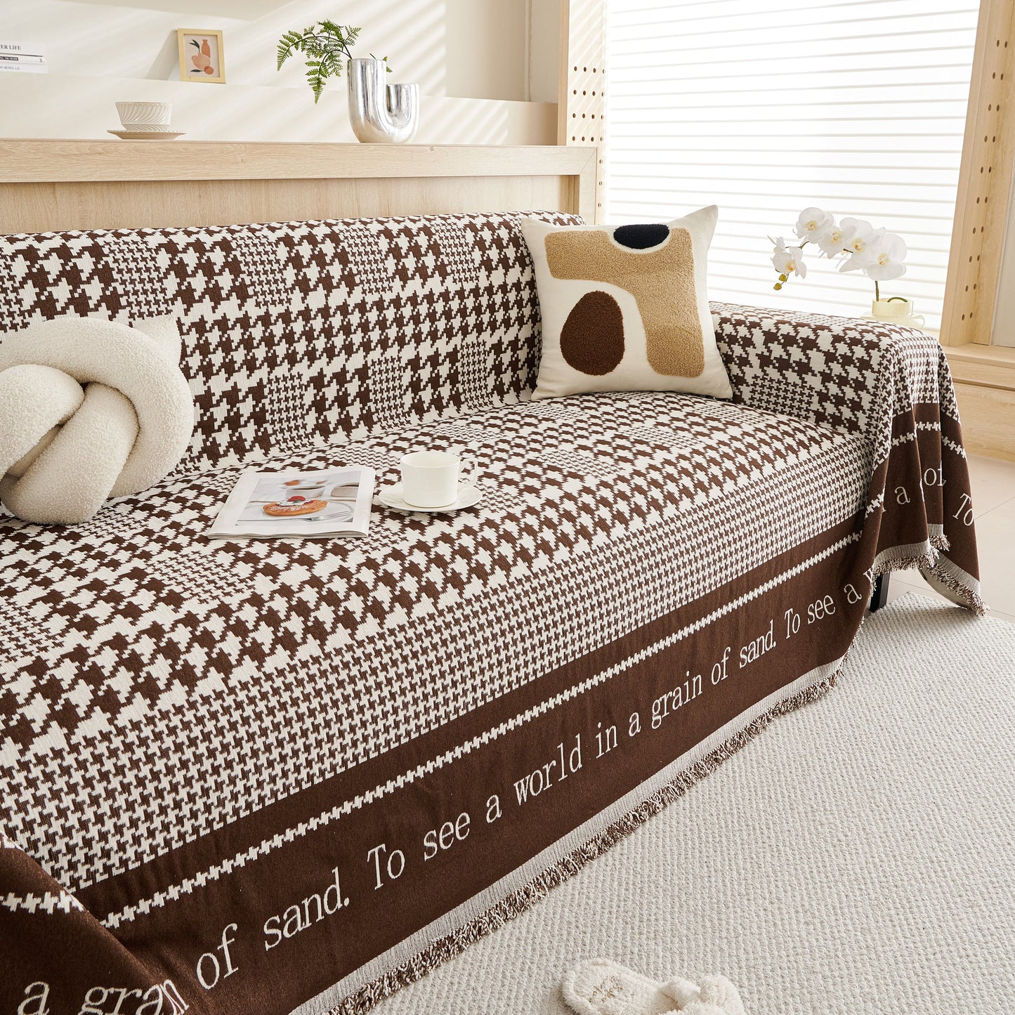 Chenille Houndstooth Couch Cover, Chaise Lounge Blanket Cover, Sectional Couch Scratch Protector