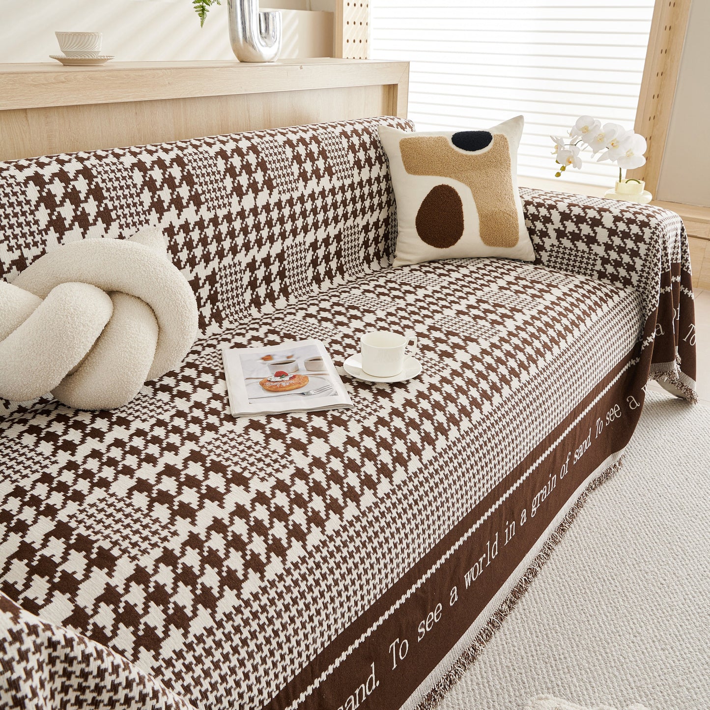 Chenille Houndstooth Couch Cover, Chaise Lounge Blanket Cover, Sectional Couch Scratch Protector