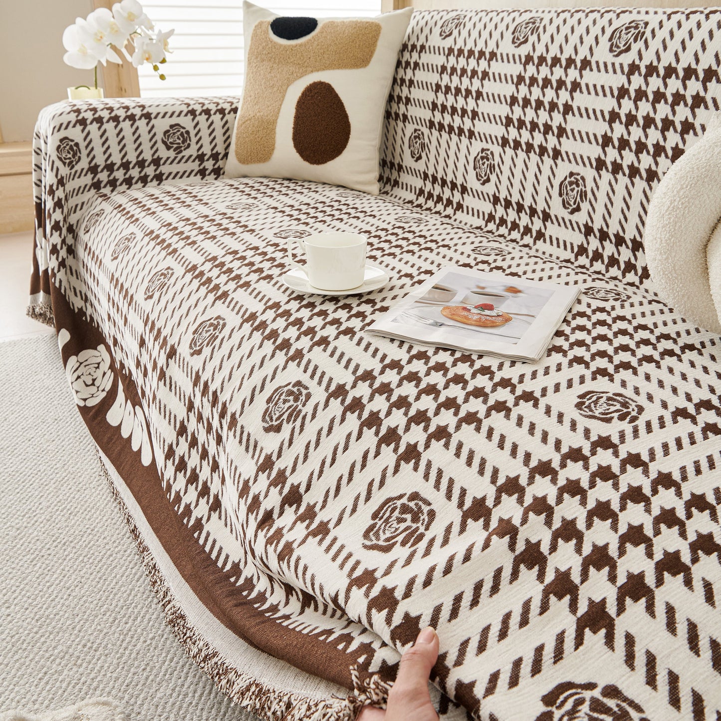 Chenille Houndstooth Sofa Throw Cover, Scratch Proof Cozy Throw Blankets for Couch