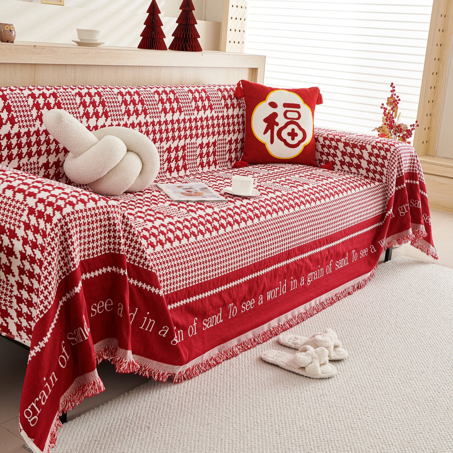 Chenille Houndstooth Couch Cover, Chaise Lounge Blanket Cover, Sectional Couch Scratch Protector