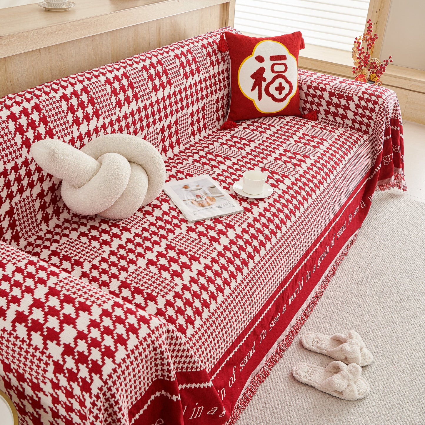 Chenille Houndstooth Couch Cover, Chaise Lounge Blanket Cover, Sectional Couch Scratch Protector
