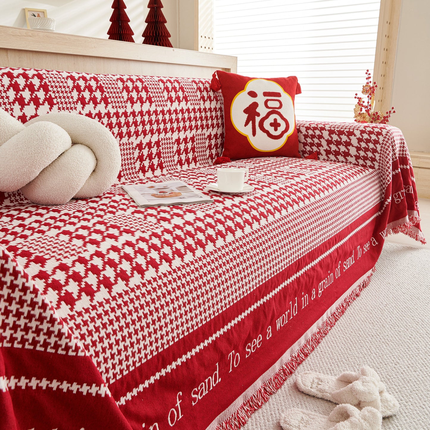 Chenille Houndstooth Couch Cover, Chaise Lounge Blanket Cover, Sectional Couch Scratch Protector