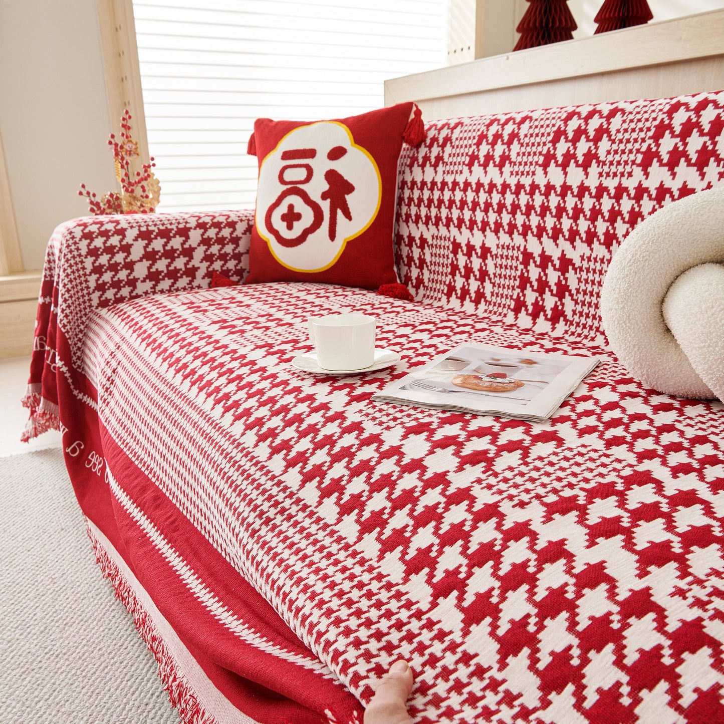 Chenille Houndstooth Couch Cover, Chaise Lounge Blanket Cover, Sectional Couch Scratch Protector