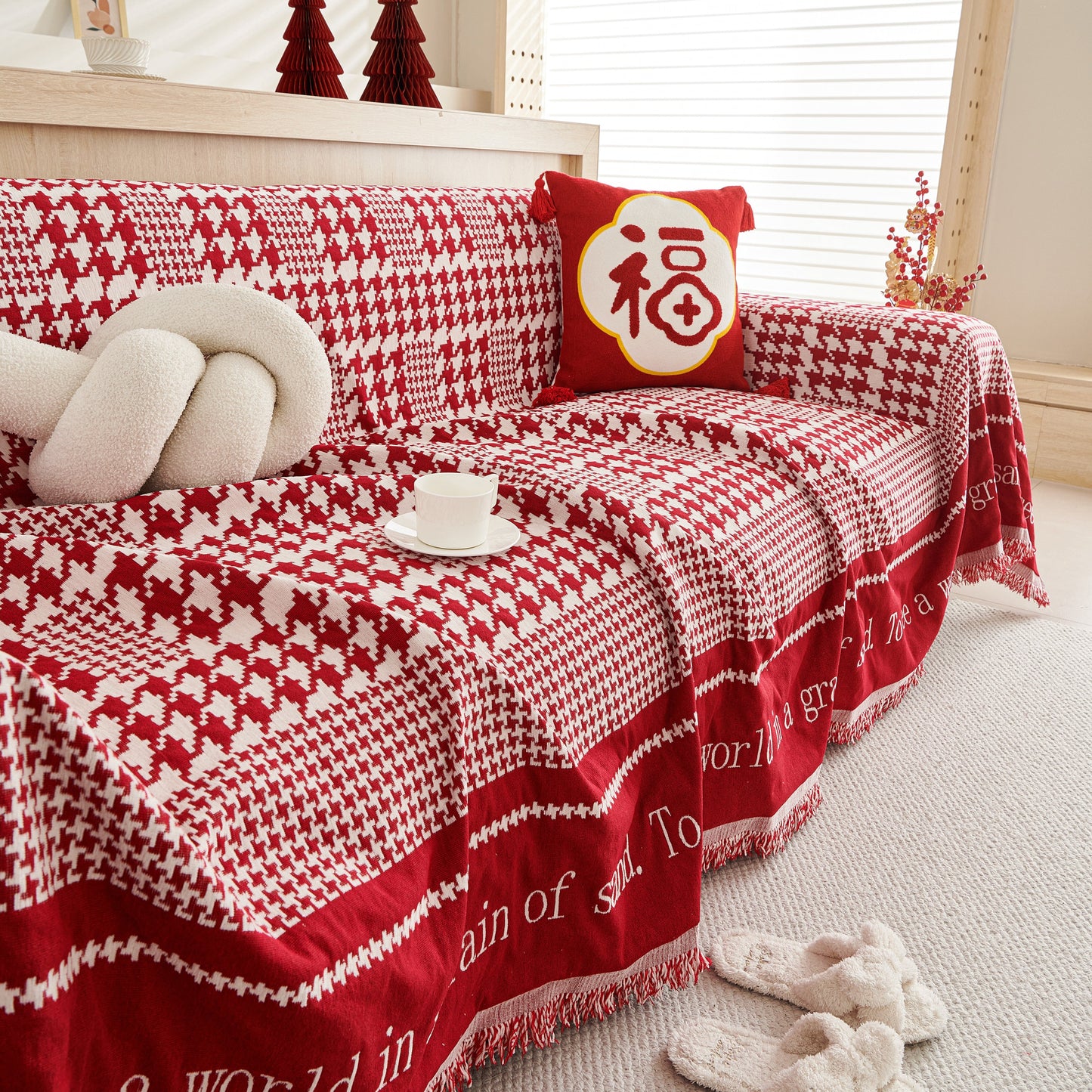Chenille Houndstooth Couch Cover, Chaise Lounge Blanket Cover, Sectional Couch Scratch Protector