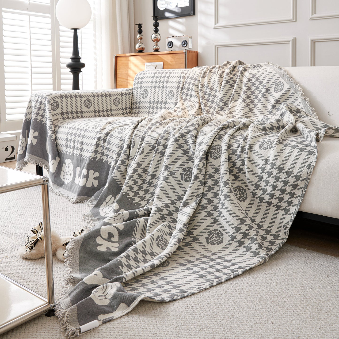Chenille Houndstooth Sofa Throw Cover, Scratch Proof Cozy Throw Blankets for Couch
