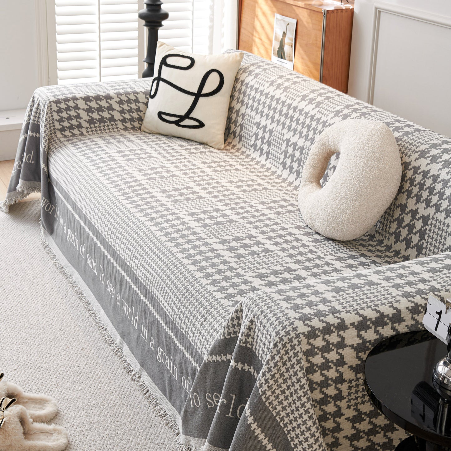 Chenille Houndstooth Couch Cover, Chaise Lounge Blanket Cover, Sectional Couch Scratch Protector