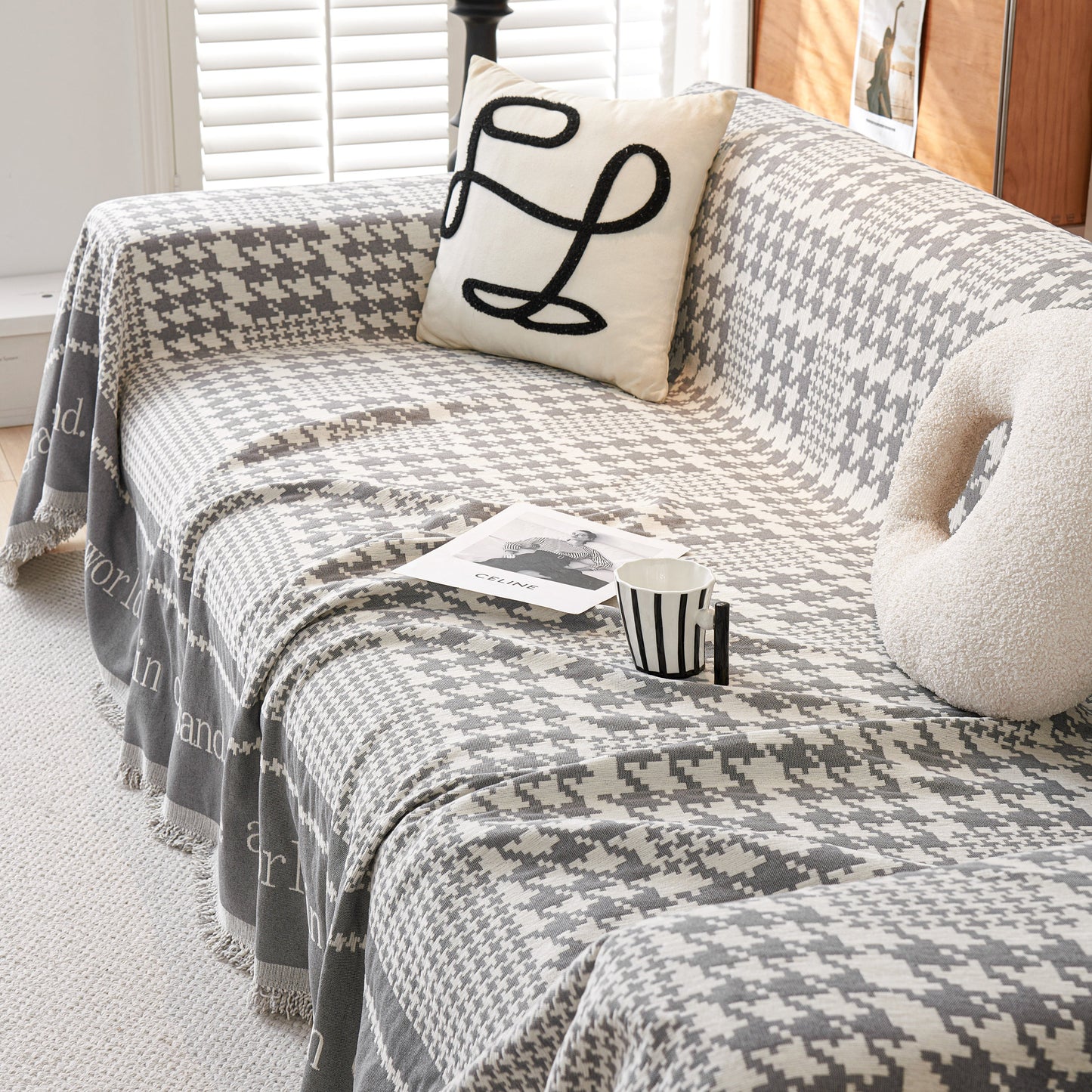 Chenille Houndstooth Couch Cover, Chaise Lounge Blanket Cover, Sectional Couch Scratch Protector