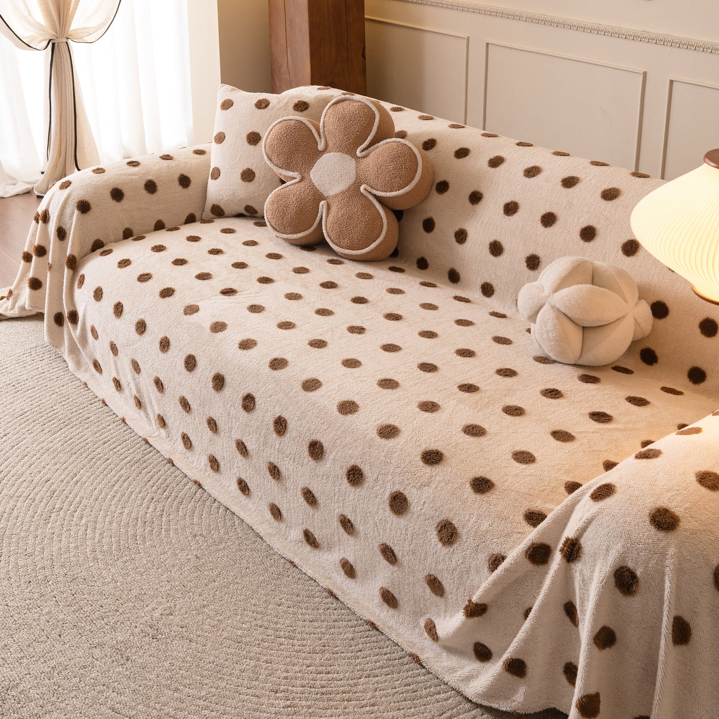 Plush Fleece Sofa Cover Throw, Soft Textured Polka Dot Couch Protector Blanket for Pets