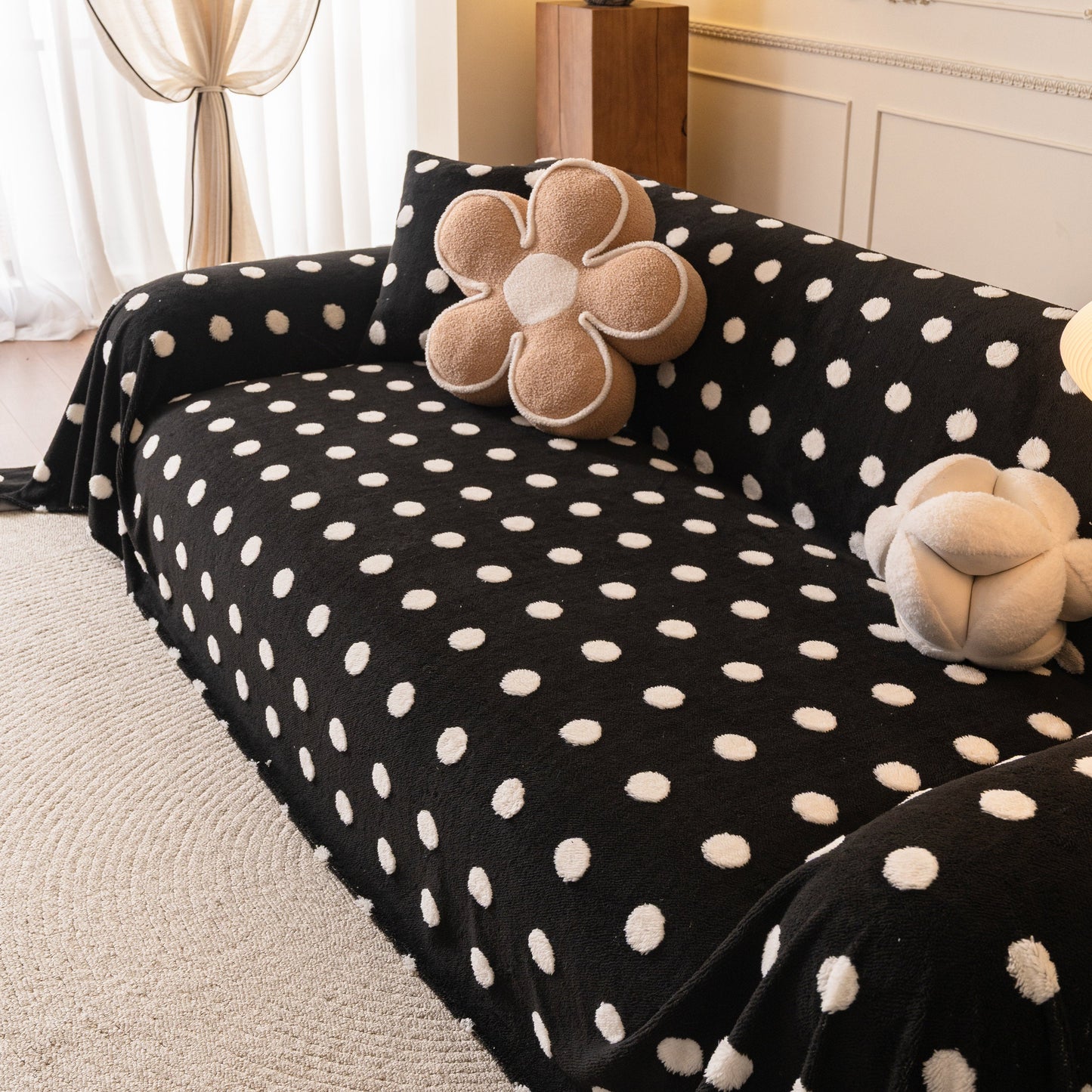Plush Fleece Sofa Cover Throw, Soft Textured Polka Dot Couch Protector Blanket for Pets