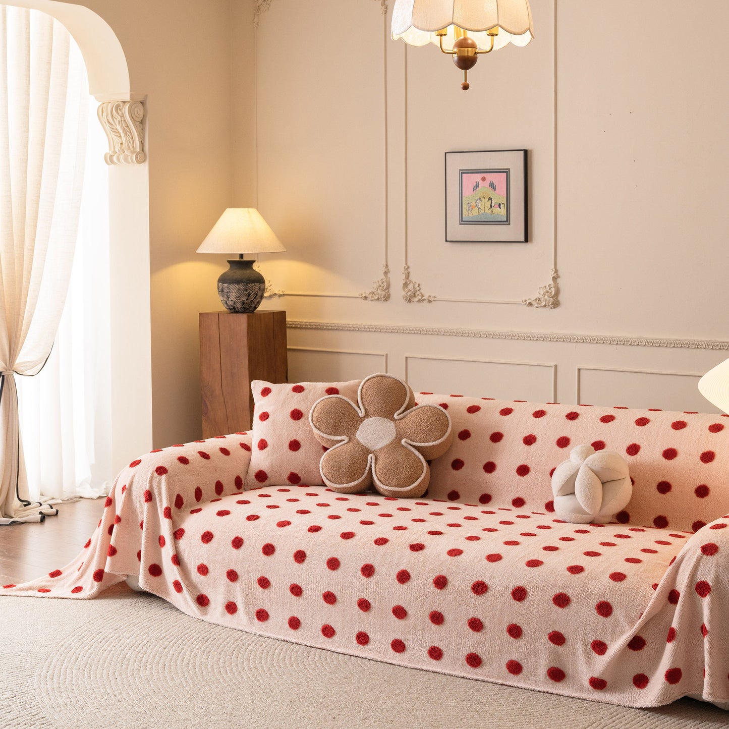 Plush Fleece Sofa Cover Throw, Soft Textured Polka Dot Couch Protector Blanket for Pets