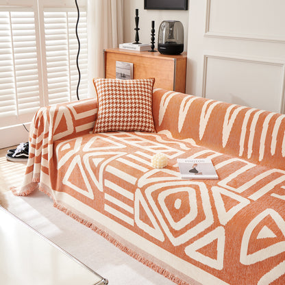 Chenille Geometric Sofa Throw Blanket, Boho Washable Furniture Throw Covers for Sofa