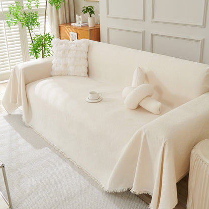 Solid Color Chenille Sofa Throw Blanket, Cozy & Easy Care Fringed Furniture Protector