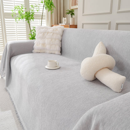 Solid Color Chenille Sofa Throw Blanket, Cozy & Easy Care Fringed Furniture Protector