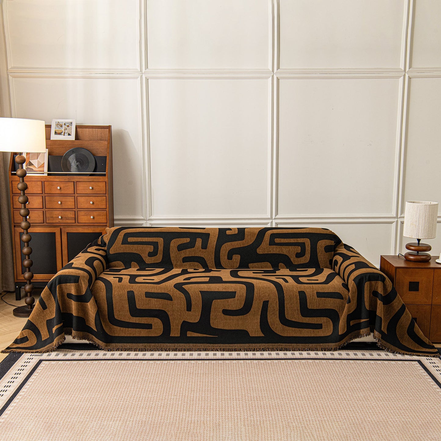 Modern Boho Chenille Sofa Cover Throw Blanket, Abstract Geometric Pattern Couch Cover