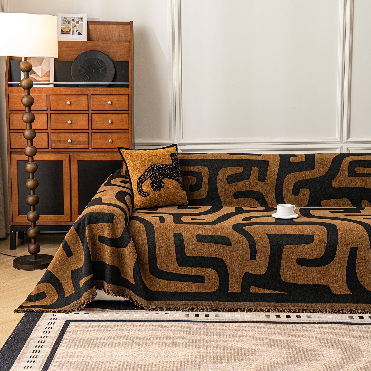 Modern Boho Chenille Sofa Cover Throw Blanket, Abstract Geometric Pattern Couch Cover