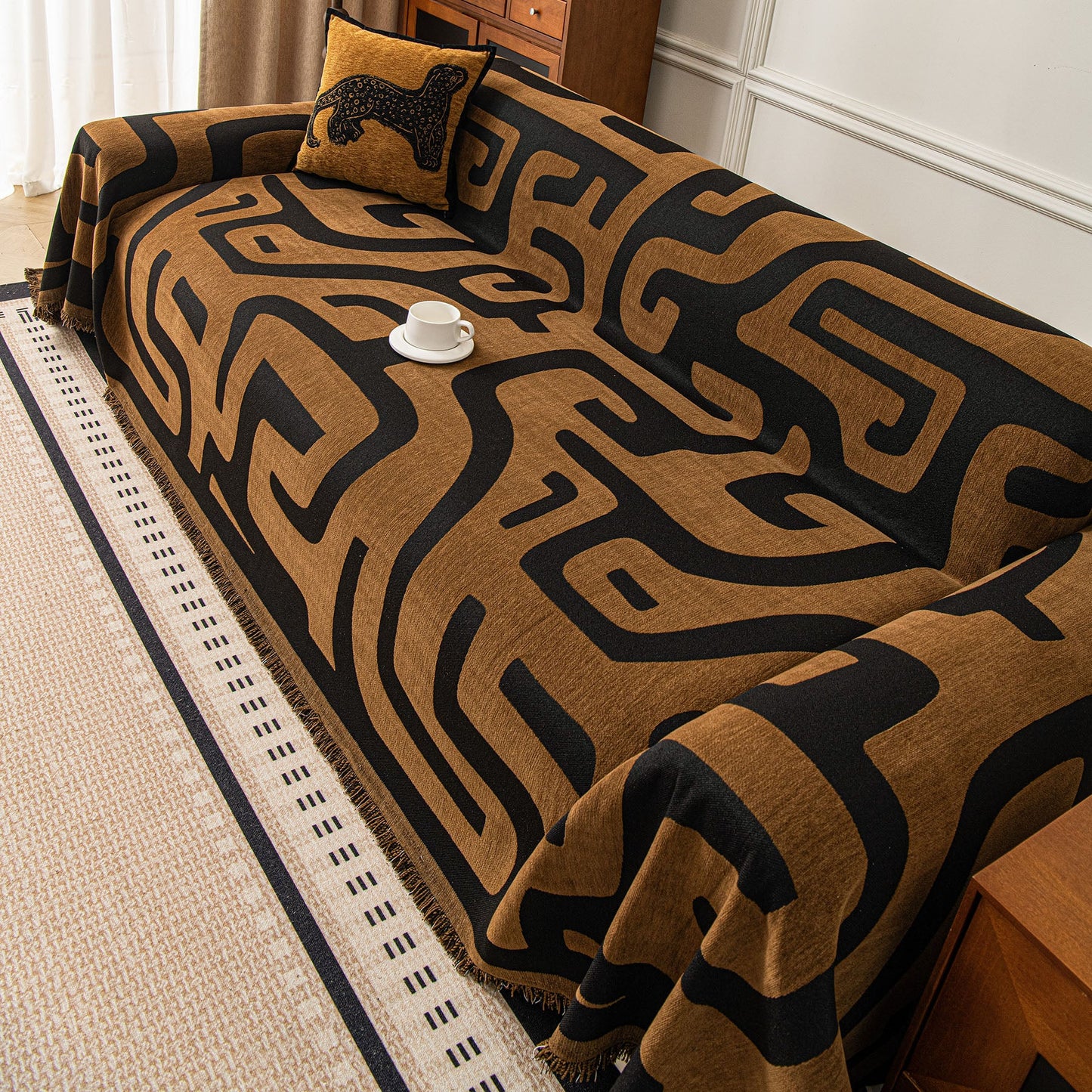 Modern Boho Chenille Sofa Cover Throw Blanket, Abstract Geometric Pattern Couch Cover