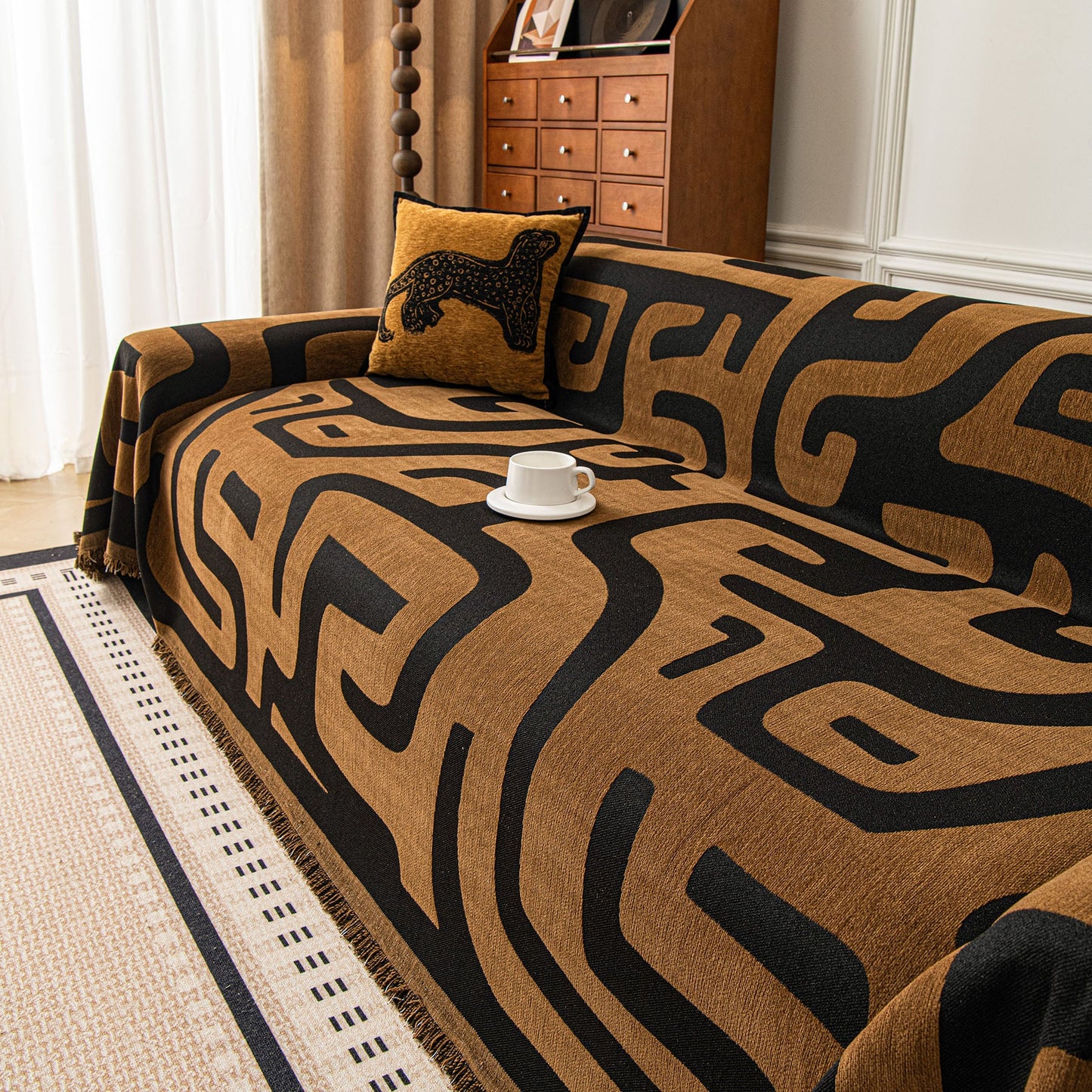 Modern Boho Chenille Sofa Cover Throw Blanket, Abstract Geometric Pattern Couch Cover