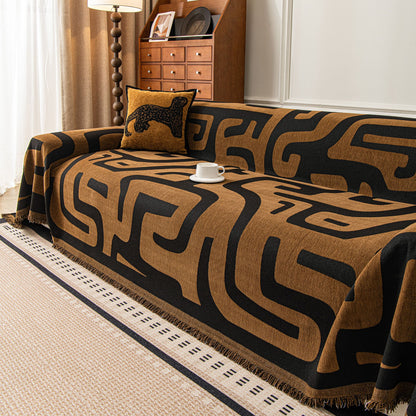 Modern Boho Chenille Sofa Cover Throw Blanket, Abstract Geometric Pattern Couch Cover