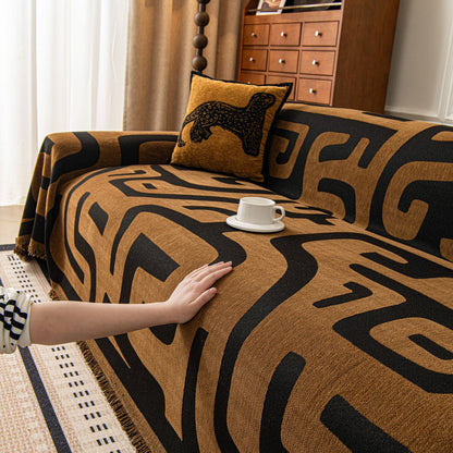 Modern Boho Chenille Sofa Cover Throw Blanket, Abstract Geometric Pattern Couch Cover