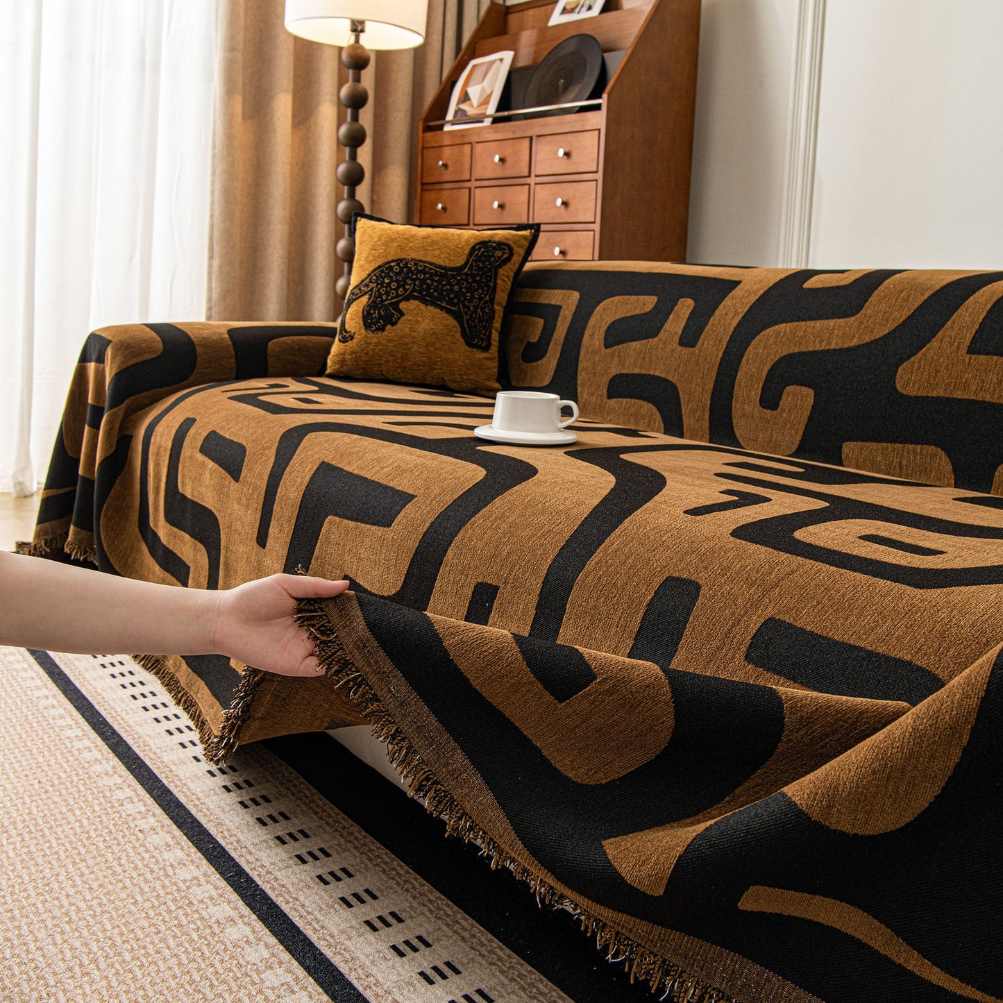 Modern Boho Chenille Sofa Cover Throw Blanket, Abstract Geometric Pattern Couch Cover