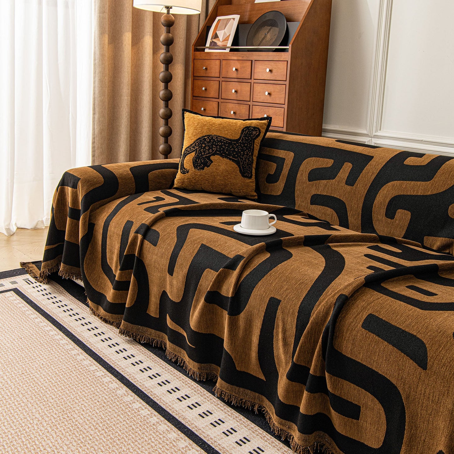 Modern Boho Chenille Sofa Cover Throw Blanket, Abstract Geometric Pattern Couch Cover