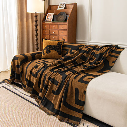 Modern Boho Chenille Sofa Cover Throw Blanket, Abstract Geometric Pattern Couch Cover