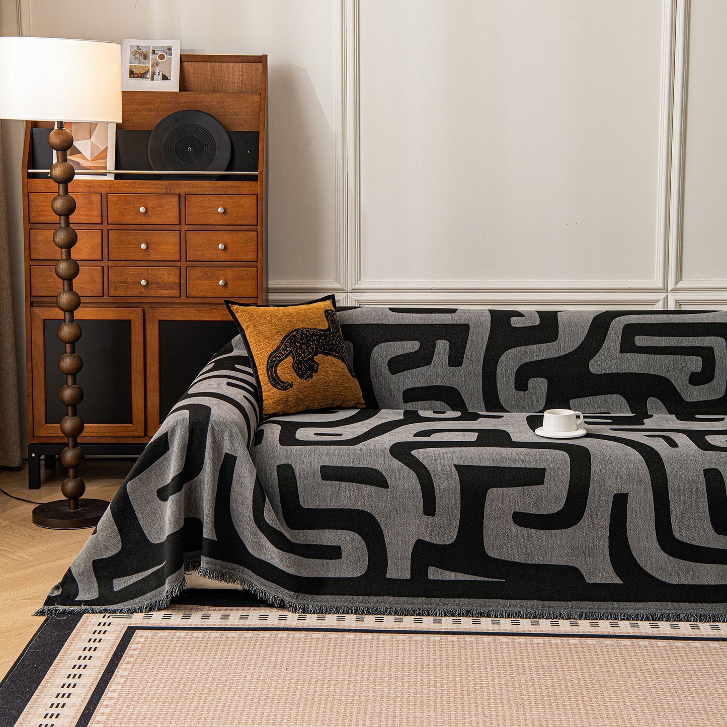 Modern Boho Chenille Sofa Cover Throw Blanket, Abstract Geometric Pattern Couch Cover