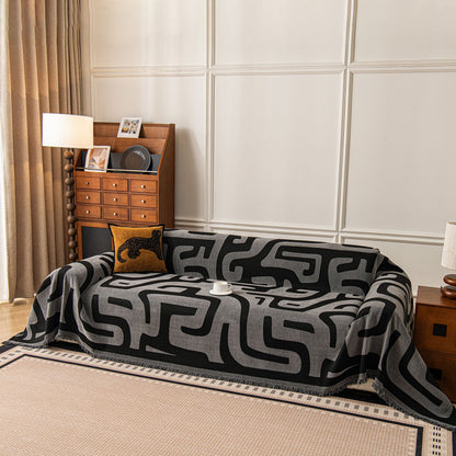 Modern Boho Chenille Sofa Cover Throw Blanket, Abstract Geometric Pattern Couch Cover