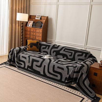 Modern Boho Chenille Sofa Cover Throw Blanket, Abstract Geometric Pattern Couch Cover