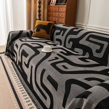 Modern Boho Chenille Sofa Cover Throw Blanket, Abstract Geometric Pattern Couch Cover