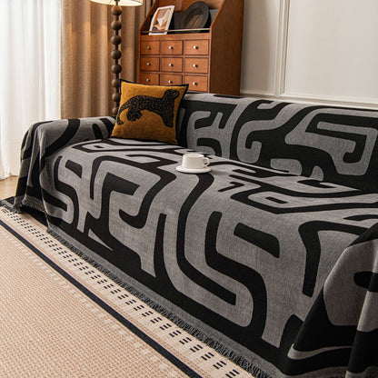 Modern Boho Chenille Sofa Cover Throw Blanket, Abstract Geometric Pattern Couch Cover