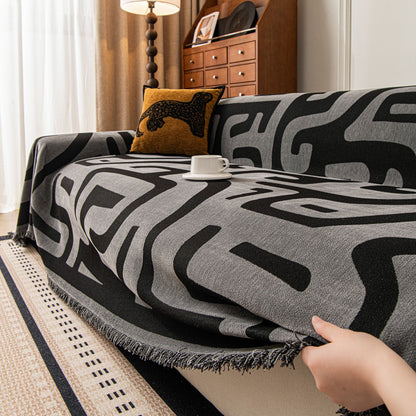 Modern Boho Chenille Sofa Cover Throw Blanket, Abstract Geometric Pattern Couch Cover