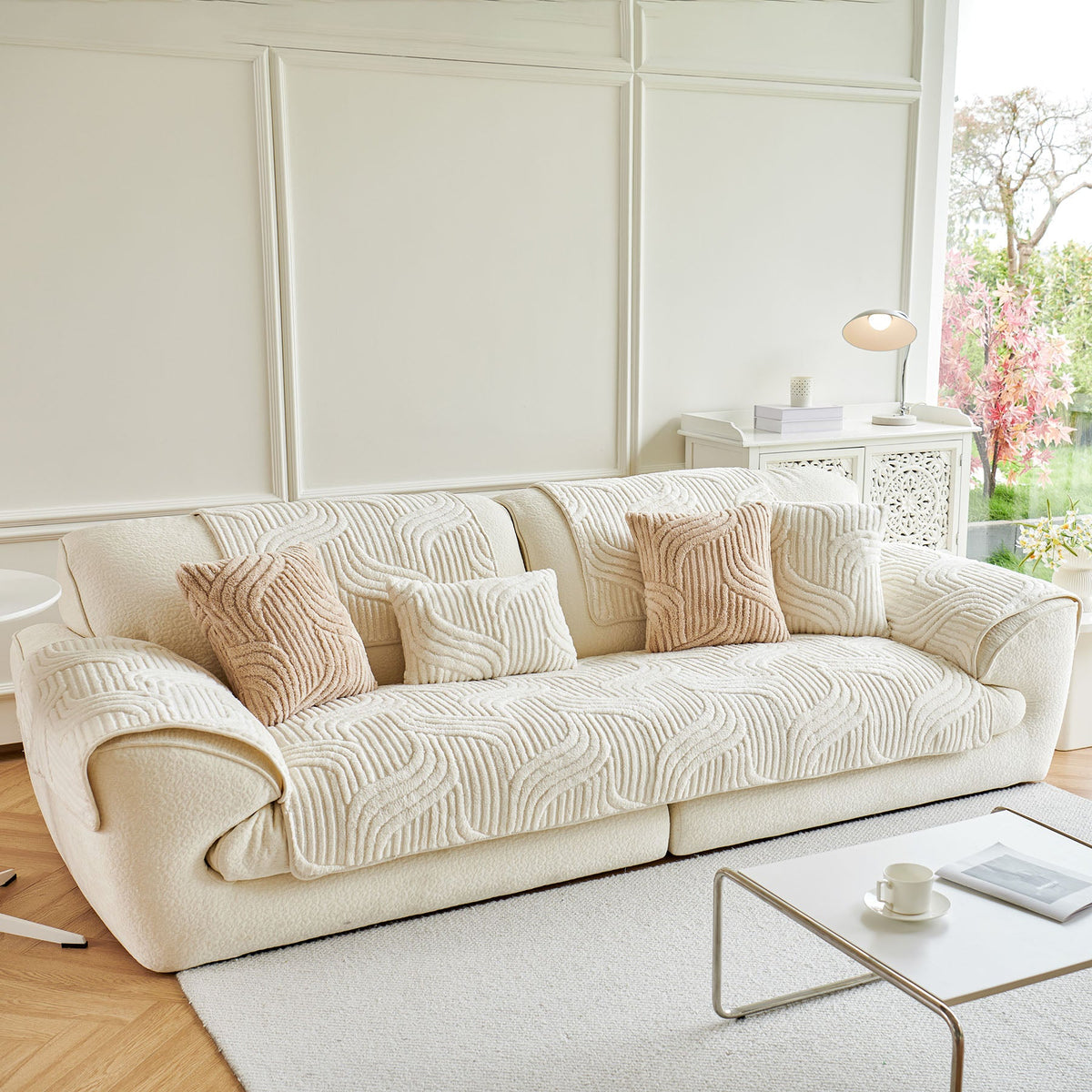 Luxury Plush Non-Slip Sofa Covers, Soft Fuzzy Embossed Sofa Topper & Seat Covers