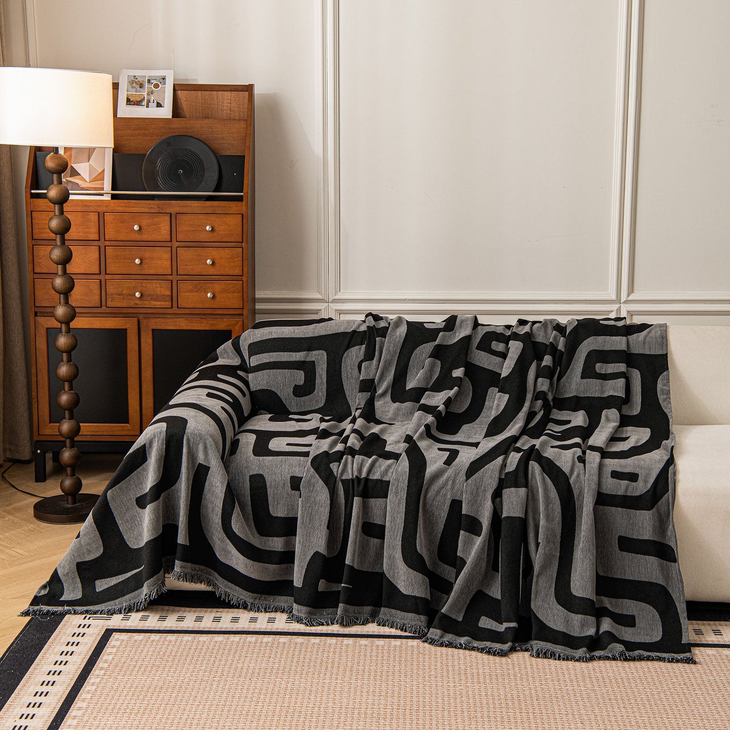 Modern Boho Chenille Sofa Cover Throw Blanket, Abstract Geometric Pattern Couch Cover