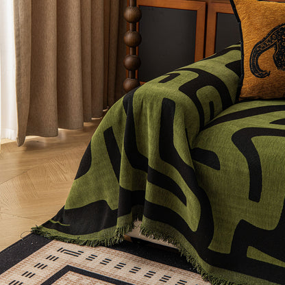 Modern Boho Chenille Sofa Cover Throw Blanket, Abstract Geometric Pattern Couch Cover