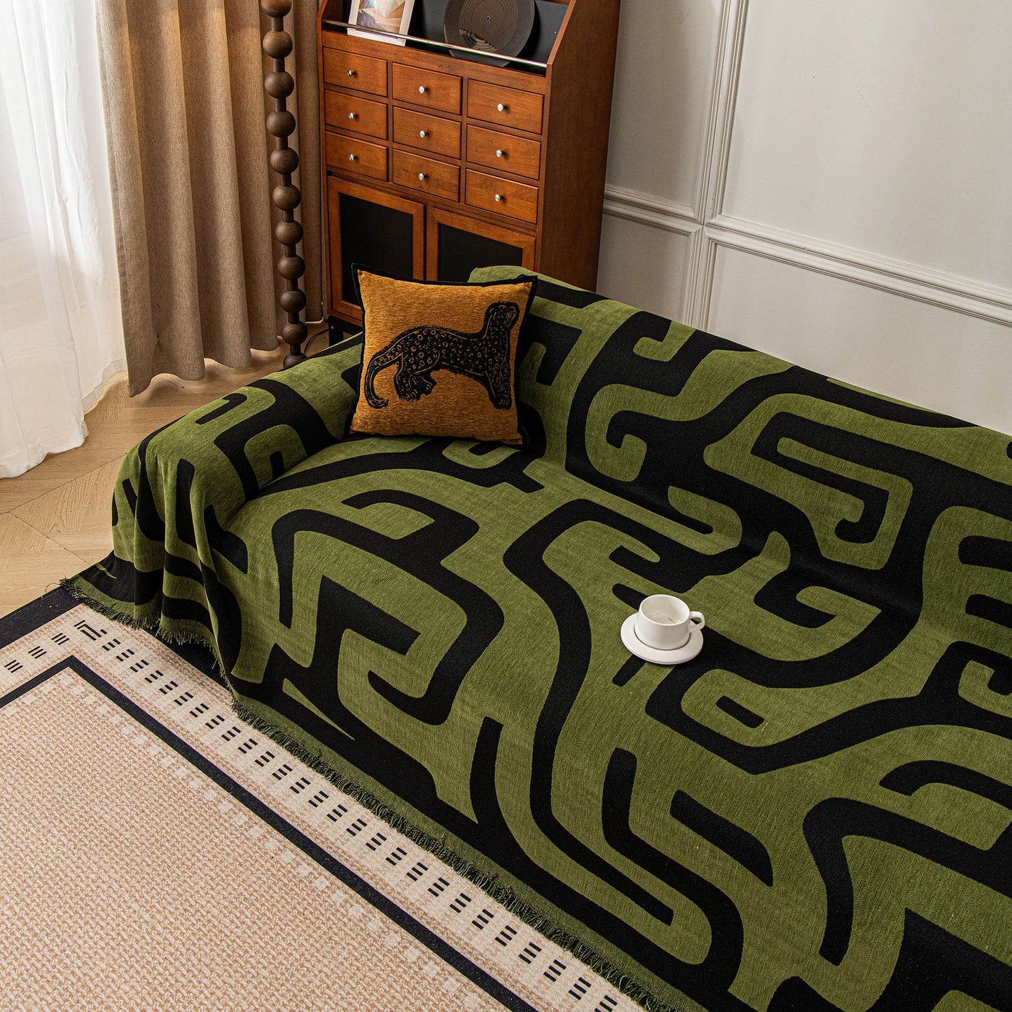 Modern Boho Chenille Sofa Cover Throw Blanket, Abstract Geometric Pattern Couch Cover