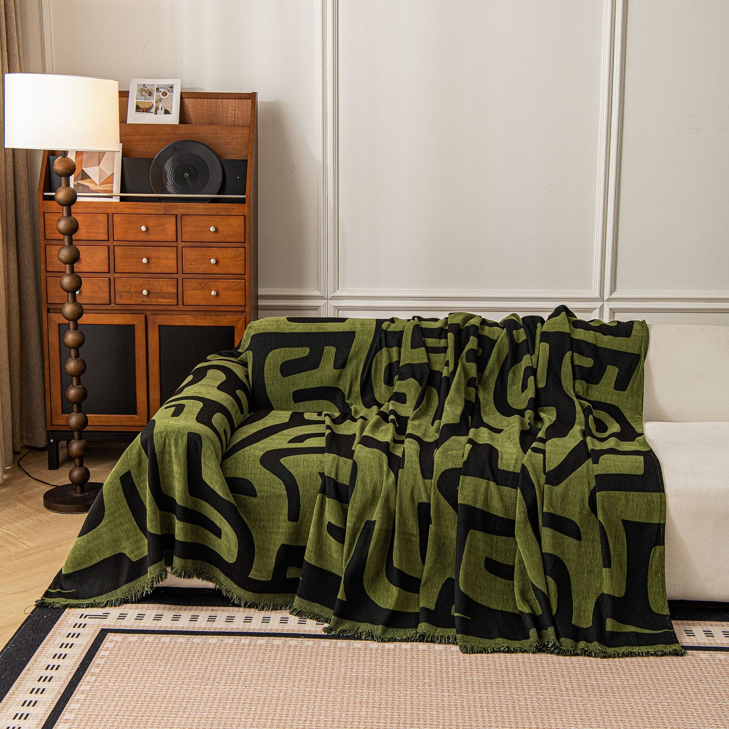 Modern Boho Chenille Sofa Cover Throw Blanket, Abstract Geometric Pattern Couch Cover