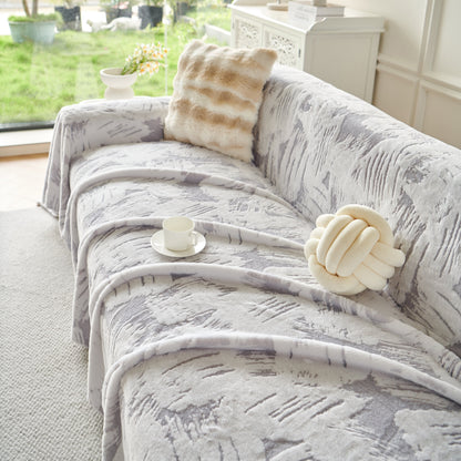 Plush Faux Fur Warm Sofa Cover with Waves Jacquard Textured Throw Blankets for Couch