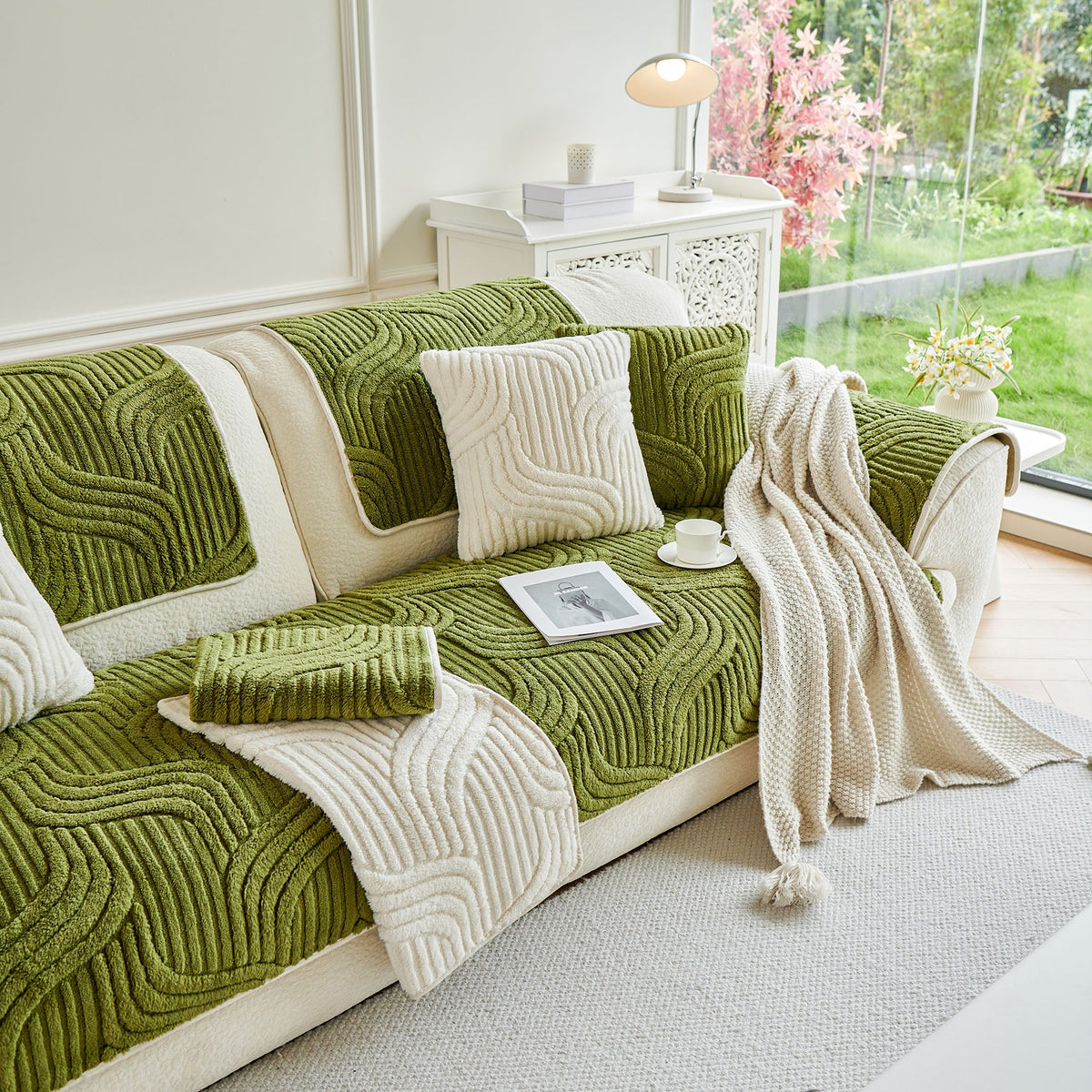 Luxury Plush Non-Slip Sofa Covers, Soft Fuzzy Embossed Sofa Topper & Seat Covers
