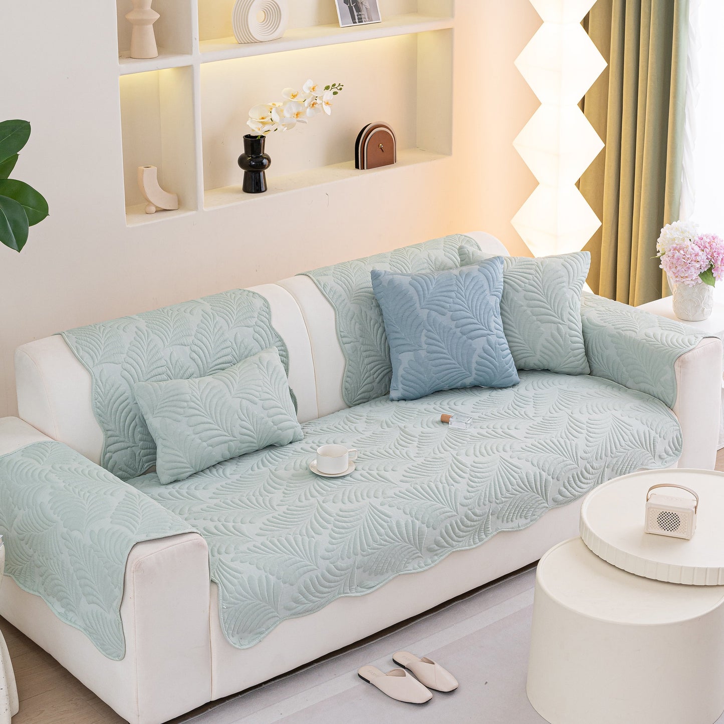 Sofa Cover for Leather & Fabric Couches, 3D Leaf Embossed Quilted Furniture Covers