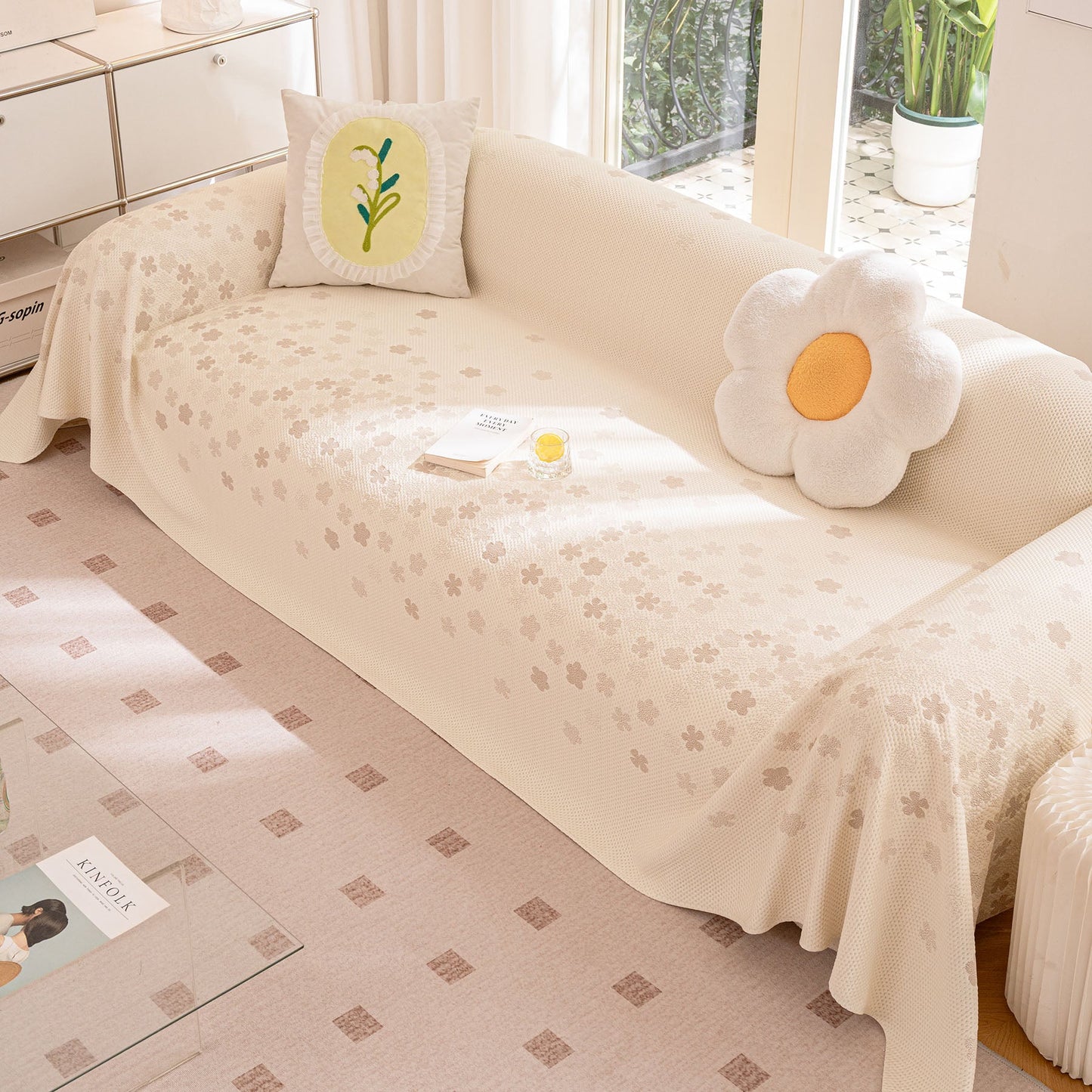 Cooling Ice Silk Sofa Cover Blanket, Floral Soft Silky Breathable Couch Throw Cover
