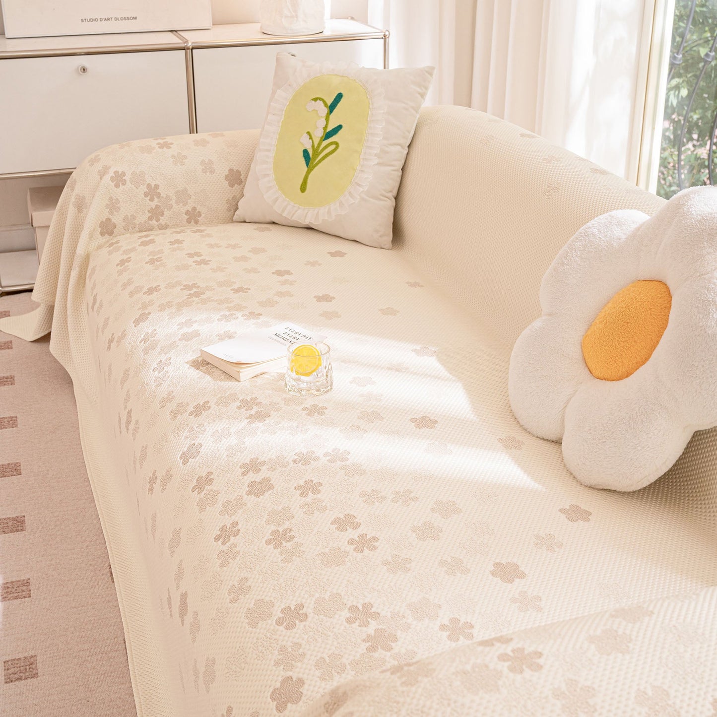 Cooling Ice Silk Sofa Cover Blanket, Floral Soft Silky Breathable Couch Throw Cover