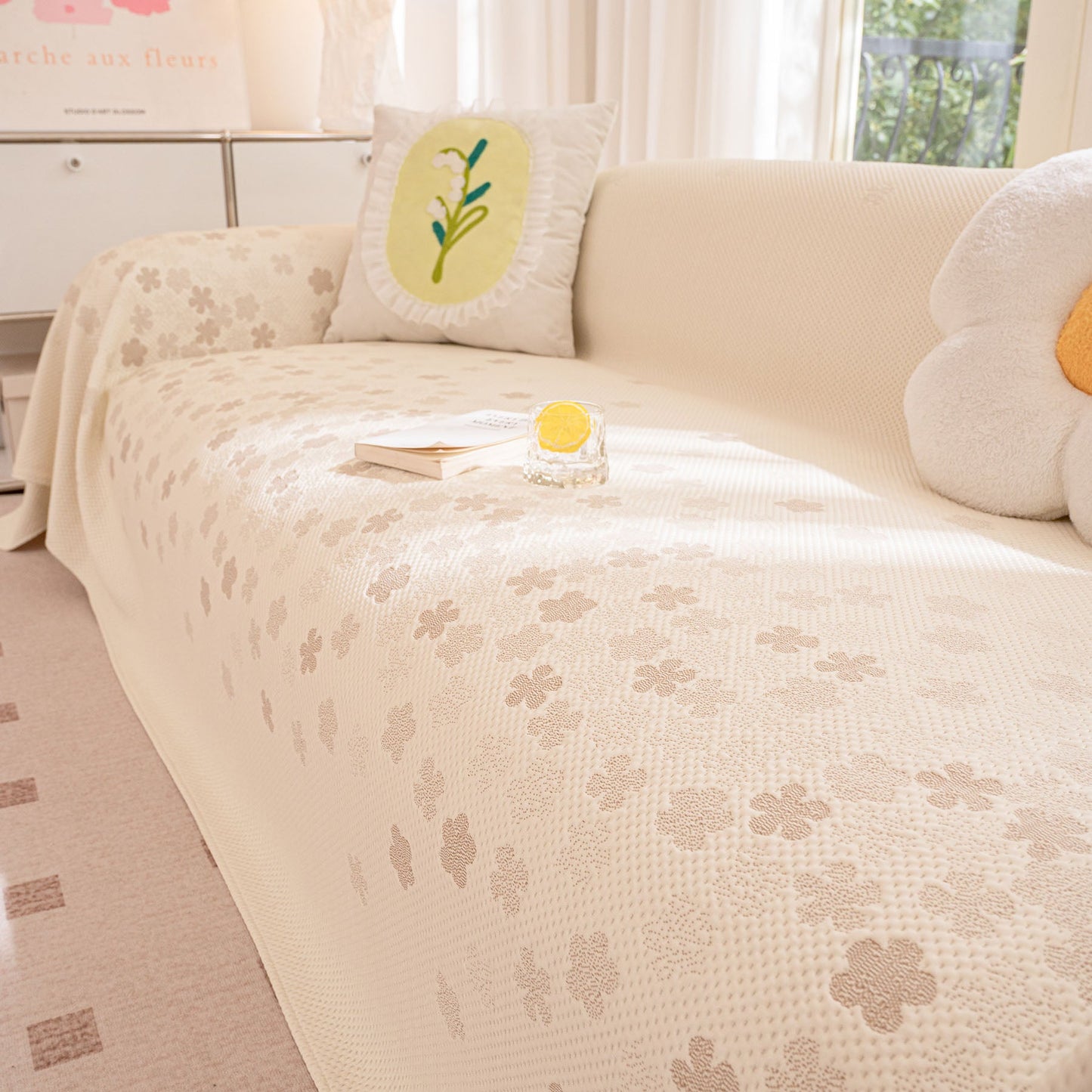Cooling Ice Silk Sofa Cover Blanket, Floral Soft Silky Breathable Couch Throw Cover
