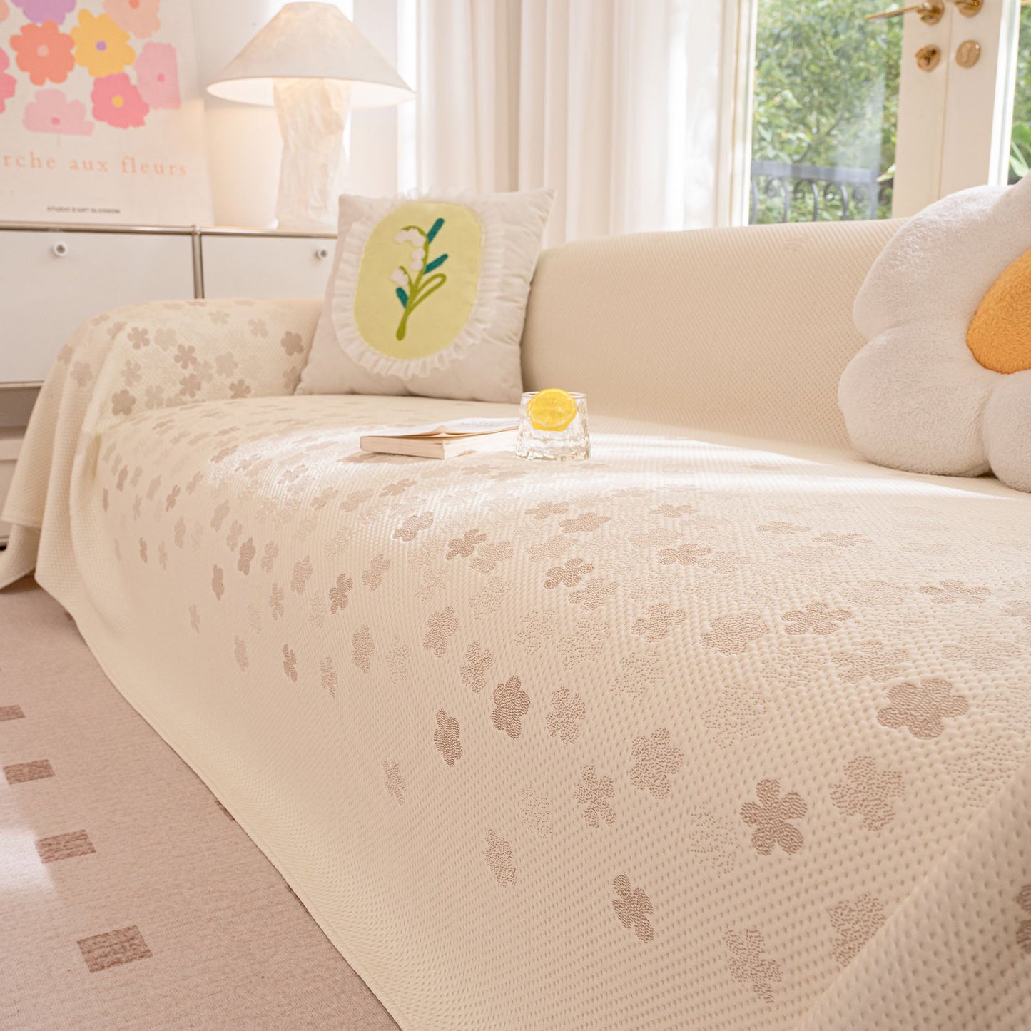 Cooling Ice Silk Sofa Cover Blanket, Floral Soft Silky Breathable Couch Throw Cover