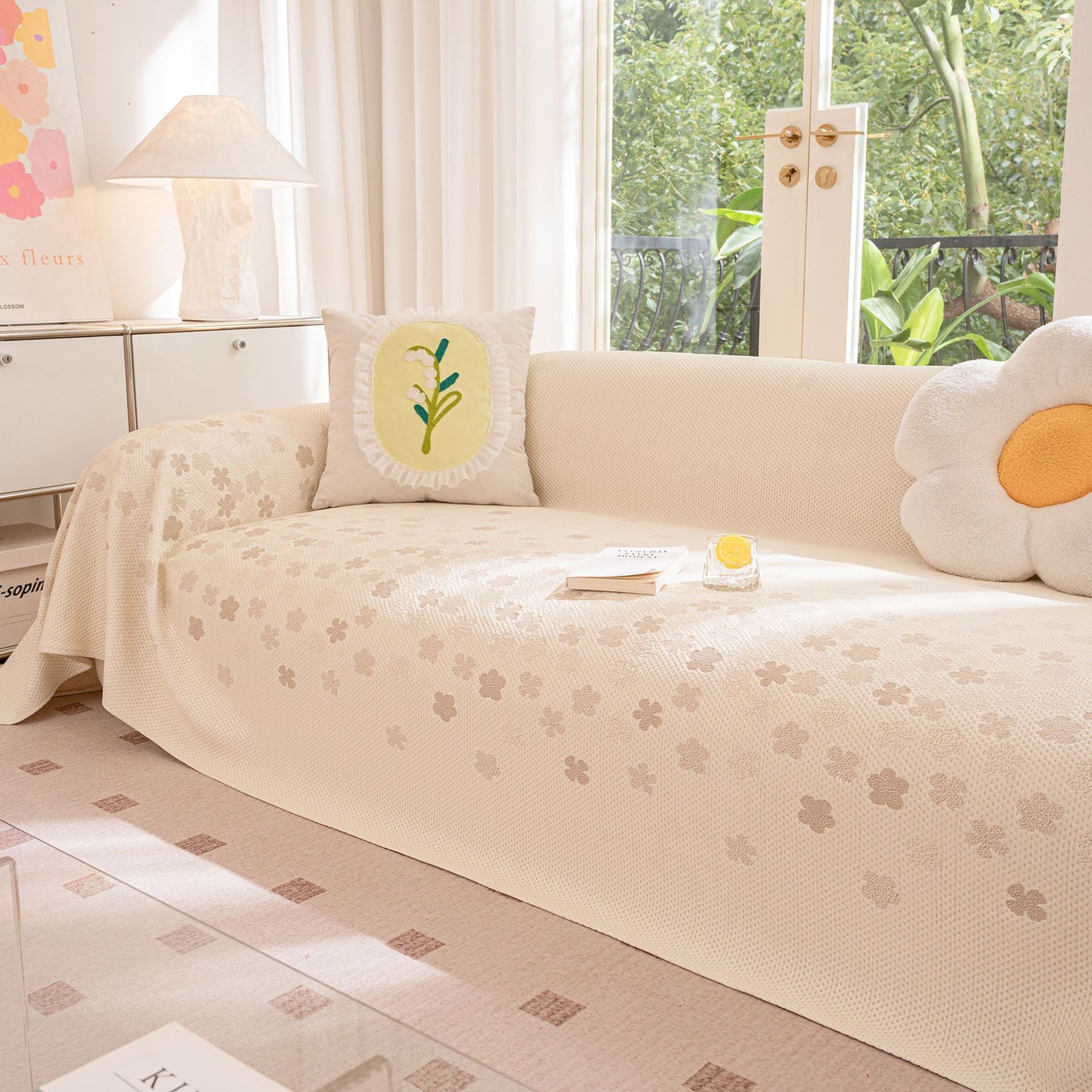 Cooling Ice Silk Sofa Cover Blanket, Floral Soft Silky Breathable Couch Throw Cover
