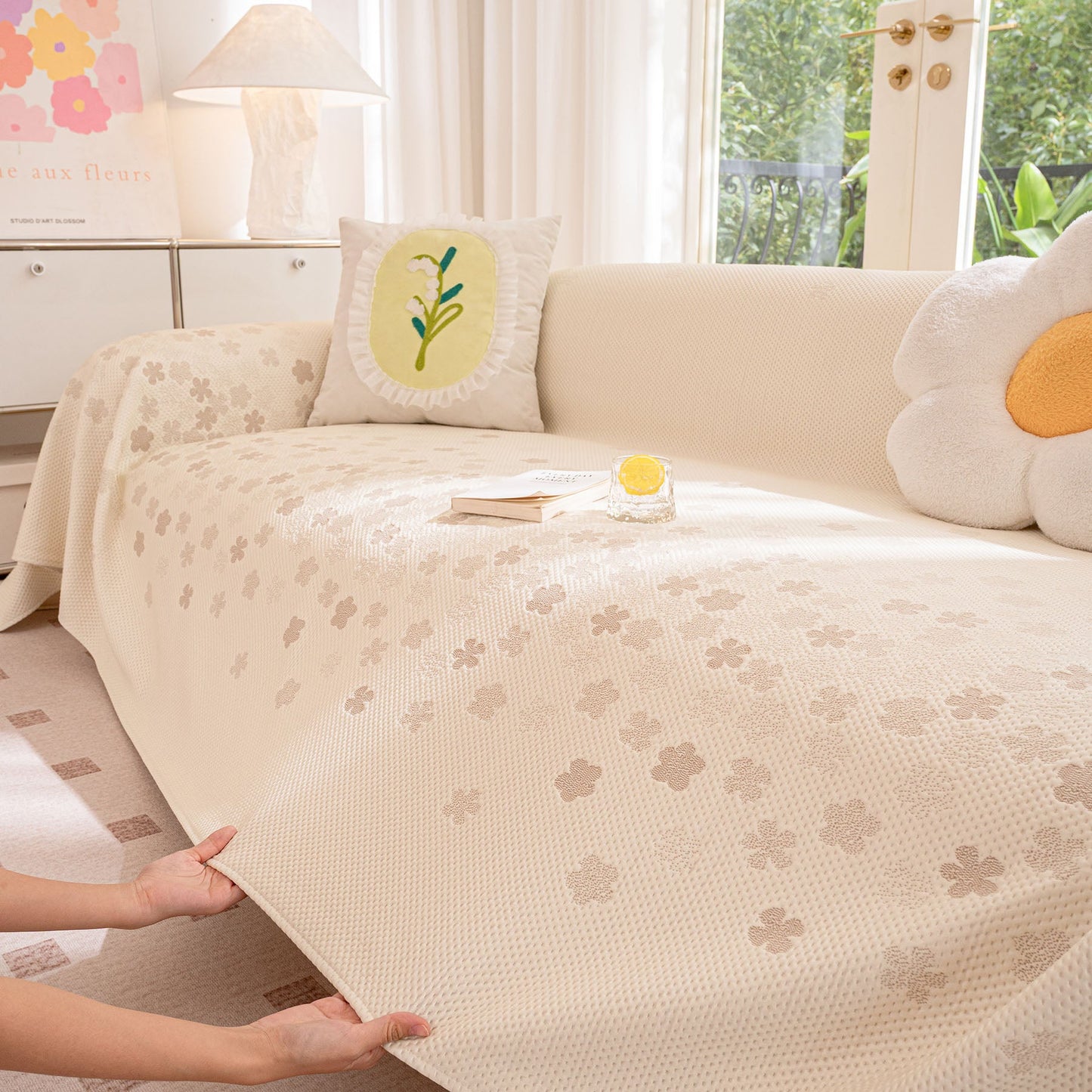 Cooling Ice Silk Sofa Cover Blanket, Floral Soft Silky Breathable Couch Throw Cover